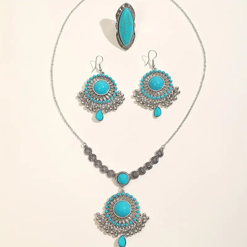Handmade Turquoise Jewelry Set, Vintage Necklace Earrings Ring, Bohemian Statement Gift for Women 4