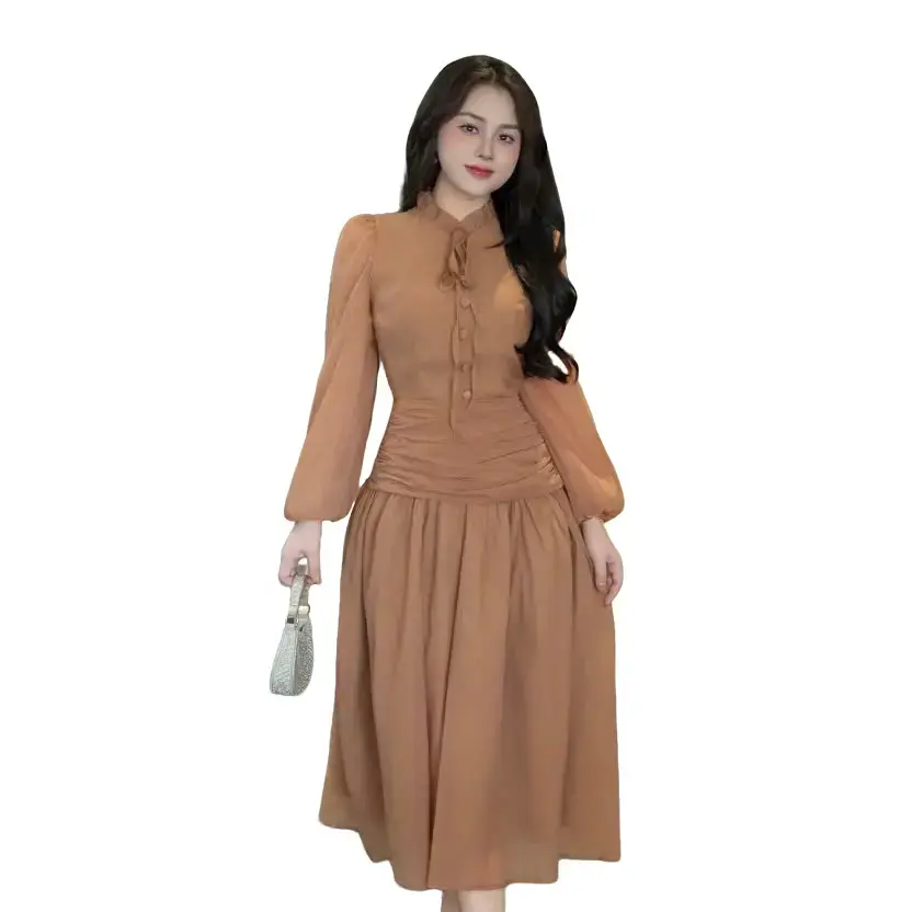 Váy thiết kế tơ nhăn cổ bèo nơ nhúm eo -  Women  Dress