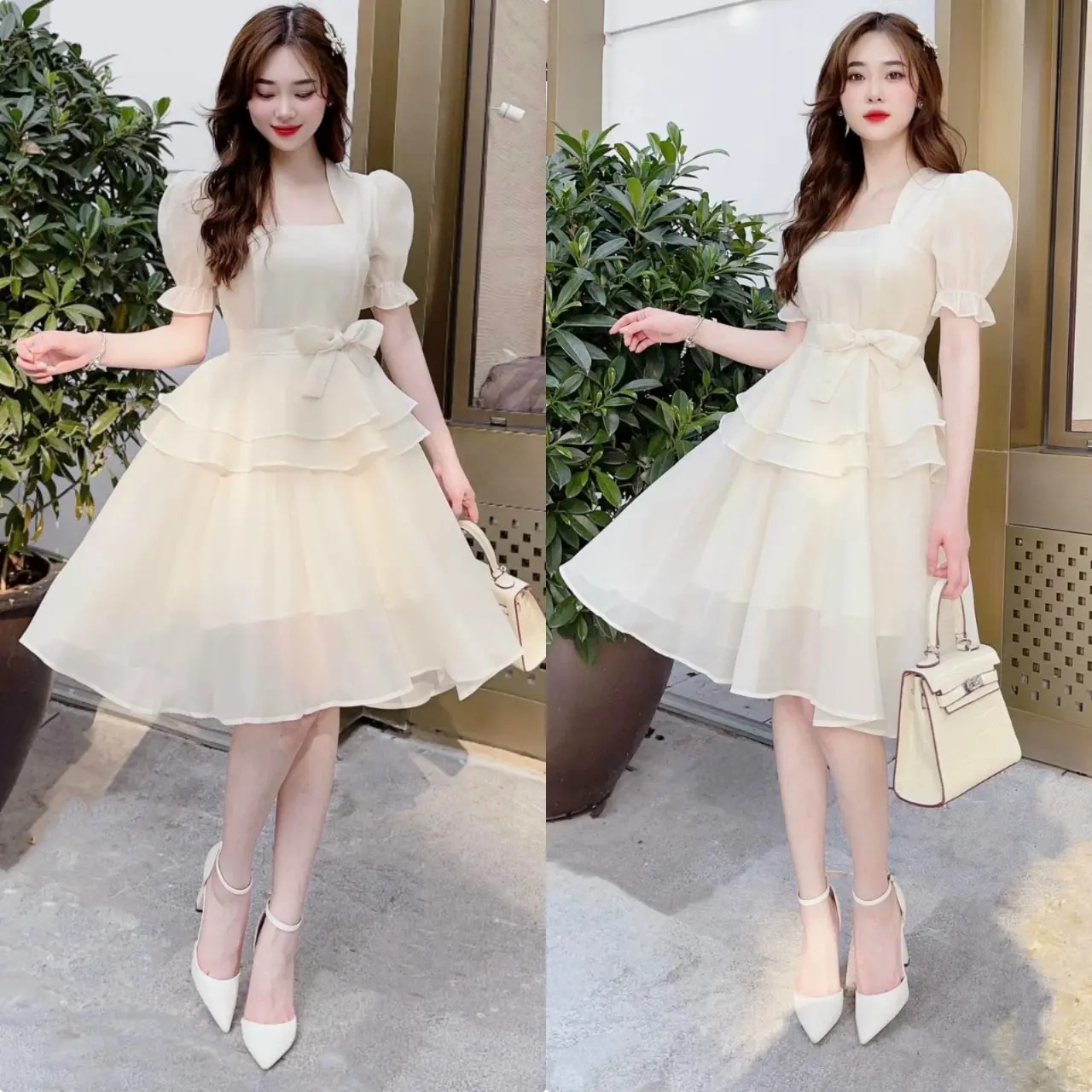 Váy đầm nữ tay phồng cổ vuông xếp tầng cột nơ eo (có mút) cực đẹp