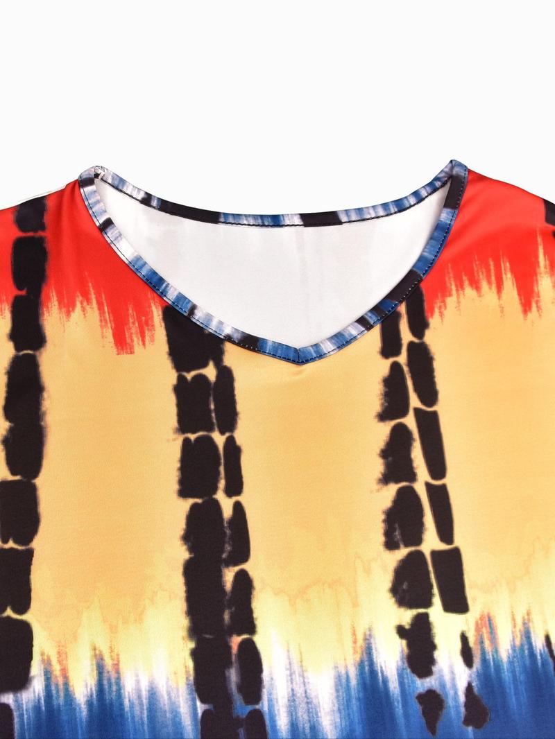 Product Introduction of Women's Plus Size Tie Dye Print Round Neck Tee Dress, Elegant Short Sleeve Crew Neck Dress for Summer, Fashion Women Plus Clothing for Daily Wear 7