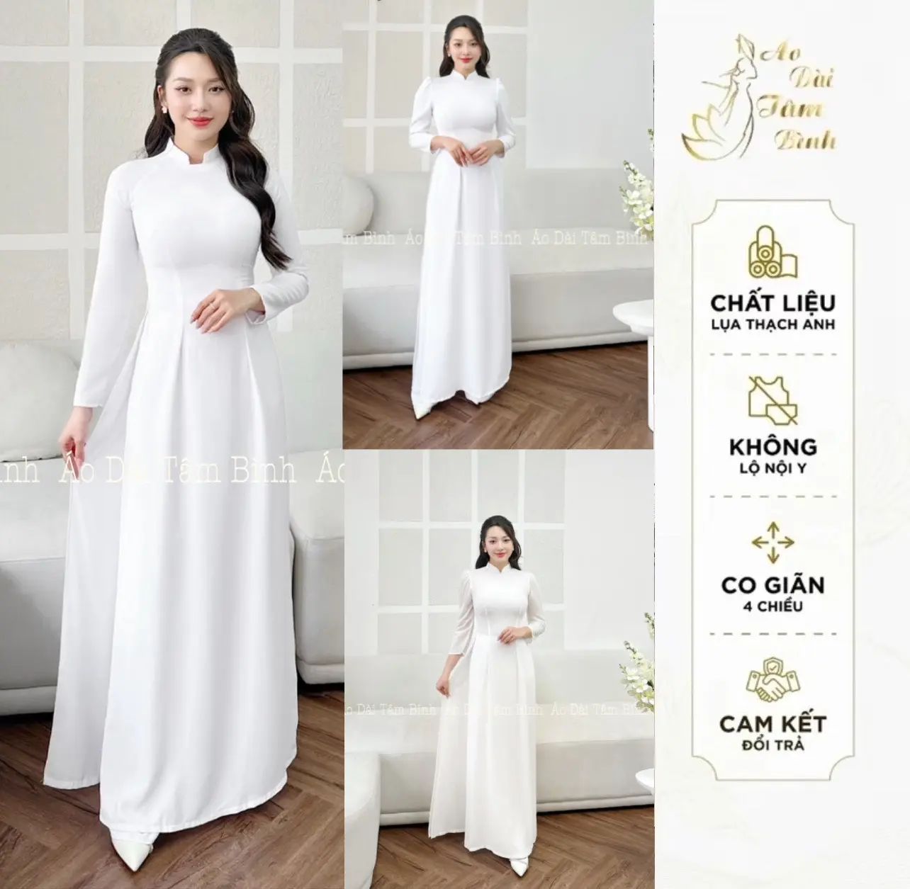 CO-BST [2 tà TRẮNG] Áo Dài Nữ  Truyền Thống LỤA THẠCH ANH THÁI TUẤN CAO CẤP  Trơn, VẢI  dày dặn k lộ nội y
