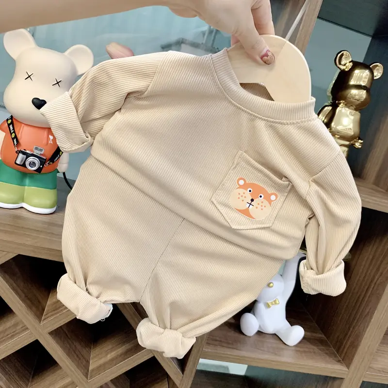 Bộ quần áo thu đông chất len tăm cho bé trai bé gái, thiết kế có túi ngực cổ tròn cho em bé từ 7-19 kg 5