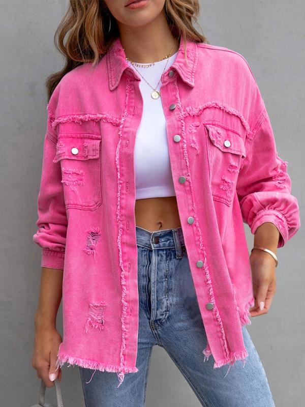 Women's Plain Ripped Raw Hem Button Front Drop Shoulder Coat, Casual Pocket Long Sleeve Collared Outerwear, Airport Outfits, Women's Shacket, Ladies Clothes, Summer Outfits 2024, Coats for Women Womenswear Jackets Tops Comfort Basic Fitted Minimalist 0