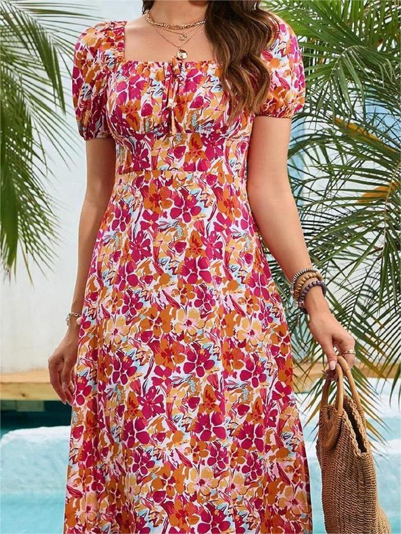 Product Introduction of Women's Floral Print Tie Front Puff Sleeve Square Neck Dress, Summer Clothes Women, Boho Fashion Short Sleeve Drawstring A Line Dress for Beach 4