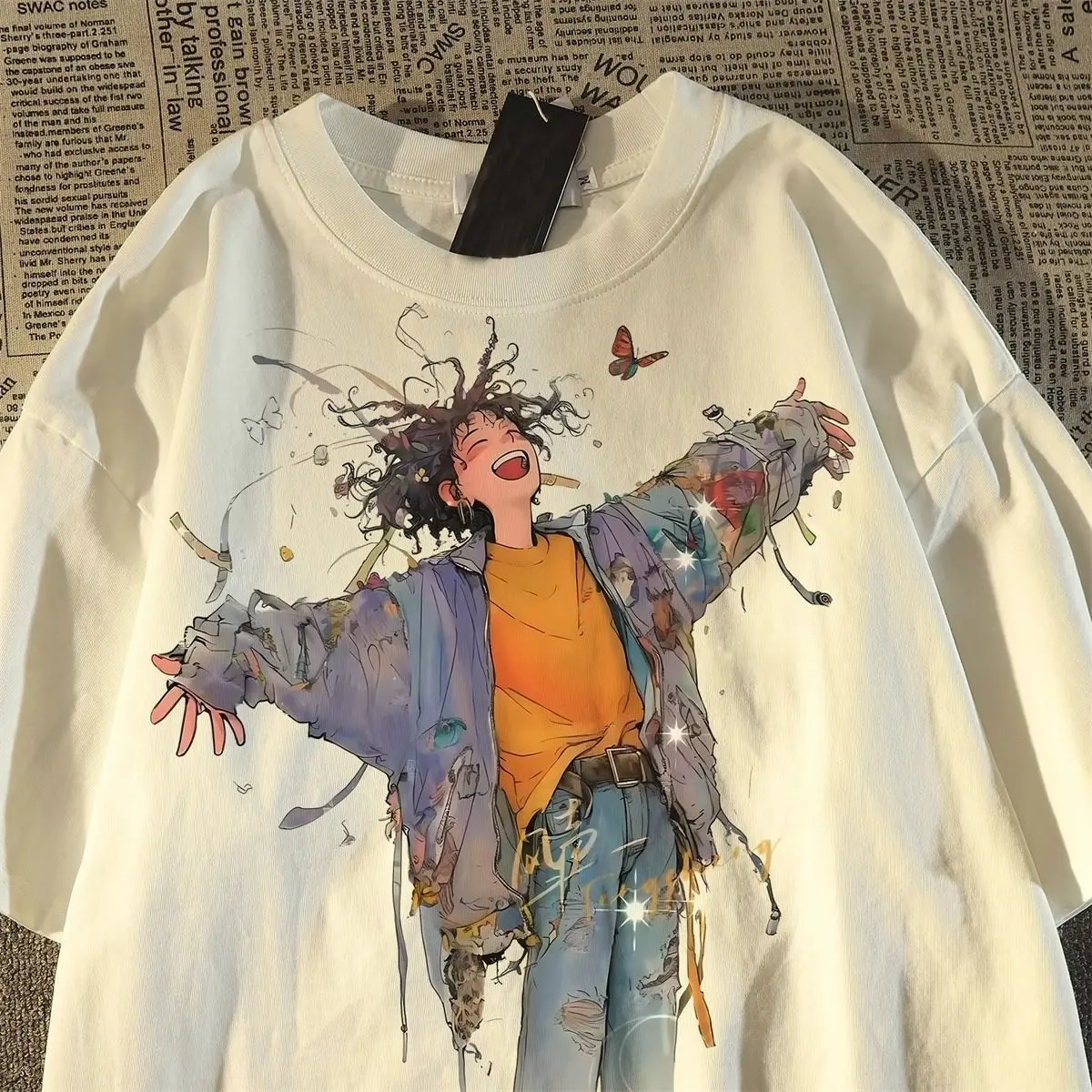 American Hip-Hop Anime Character Trendy Brand Printed Short Sleeve T-Shirt Unisex Summer Loose High Street Half Sleeve Top