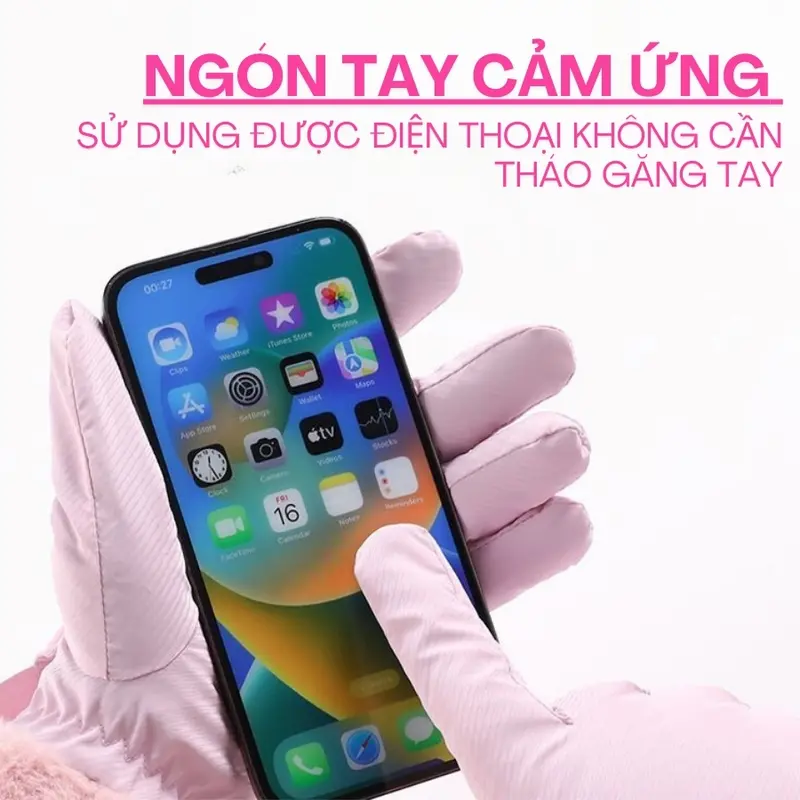 Găng tay nữ mùa đông lót lông cản gió, Găng tay vải chống nước giữ ấm gắn nơ thời trang SLEEPYCHIC 3