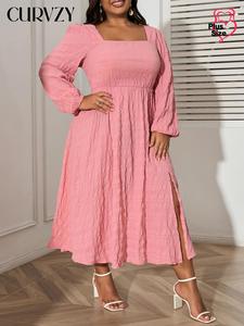 CURVZY Plus Size Autumn Aesthetic Solid Textured Split Thigh A Line Dress, Elegant Bishop Sleeve Square Neck Long Dress for Party Holiday Wedding Guest, Women's Clothes for Fall