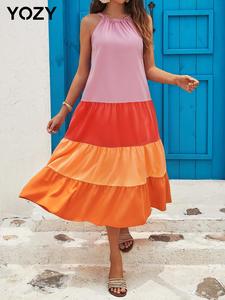 YOZY Women's Spring Fall Thin Colorblock Print Halter Cami Dress, Casual Sleeveless Knot Back Midi Dress for Summer Beach Holiday Vacation, Ladies Clothes