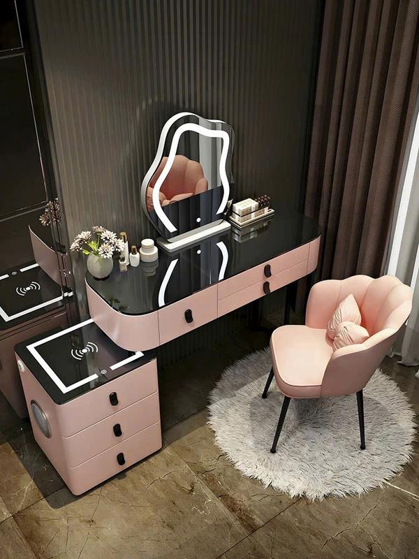 [Tặng ghế ] Bàn trang điểm thông minh BP03 Gỗ thông bọc da có đèn led, Bàn phấn có sạc không dây cao cấp, kết nối loa bluetooth không dây .