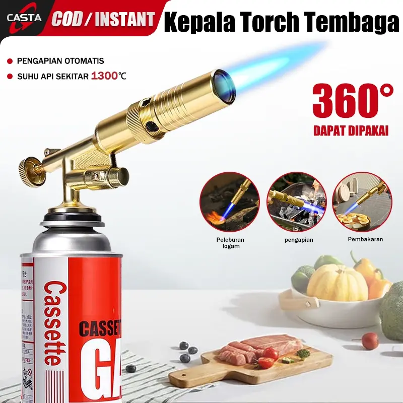 CASTA Portable Gas Torch Flame Gun Kepala Las Kuningan Anti Karat, Api Panas Bisa Disesuaikan Hingga 1300°C, Cocok untuk BBQ, Masak, Perbaikan dan Kegiatan Outdoor