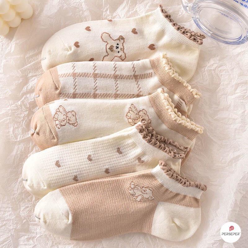 Set 10 Đôi Tất kem tim cổ ngắn nữ, vớ nữ cổ bèo chất vải cotton mỏng co giãn bốn chiều mỏng thoáng khí