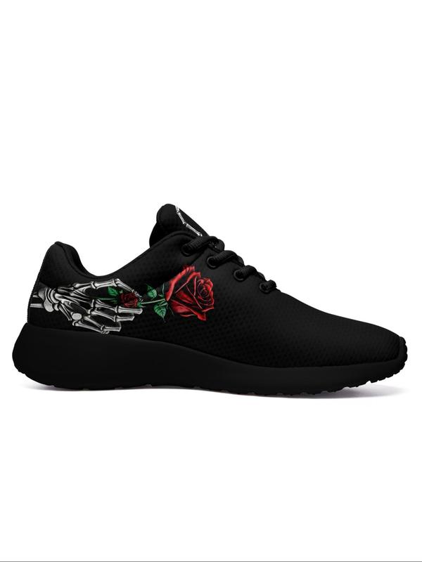 Women's Rose Skull Hand Bone Print Low Top Sneakers, Sports Running Shoes, Slip Resistant, Shock Absorbing, Breathable, Available in Large Size 3
