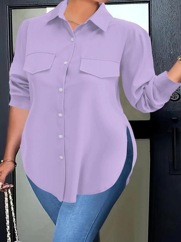 Plus Size Plain Button Front Split Hem Blouse, Casual Long Sleeve Fake Pocket Collared Top for Daily Wear, Women's Plus Clothing for All Seasons, Elegant Plus Size, Shirtswomen 3