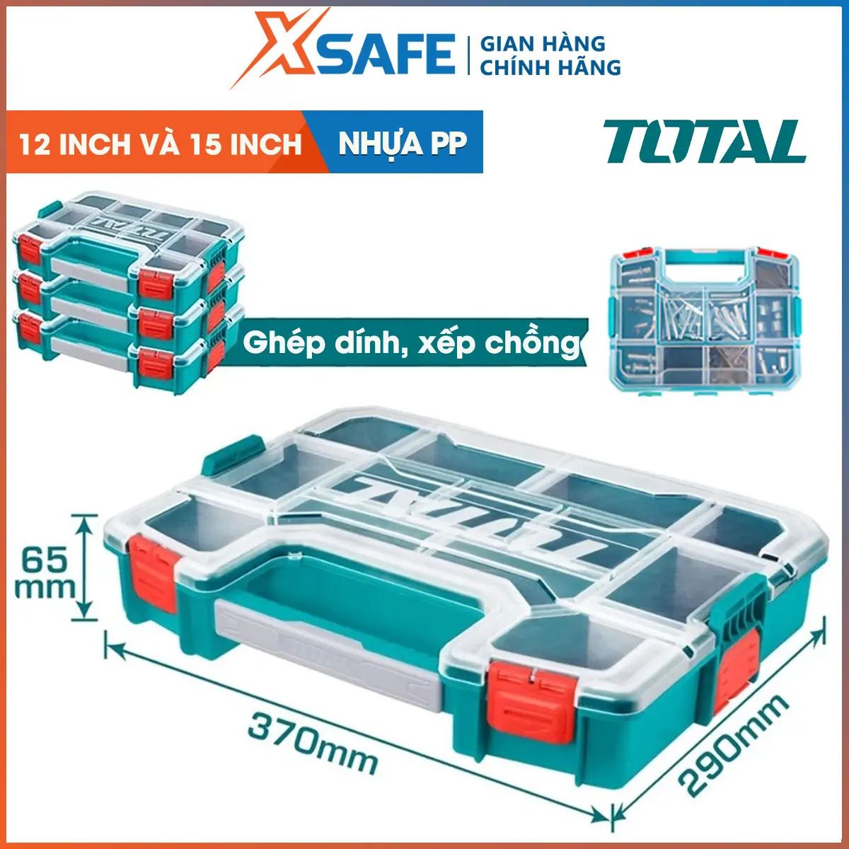 Hộp nhựa đựng linh kiện Total, khay chống xáo trộn ốc vít, đồ nghề, chất liệu nhựa PP, vách ngăn tháo rời, liên kết