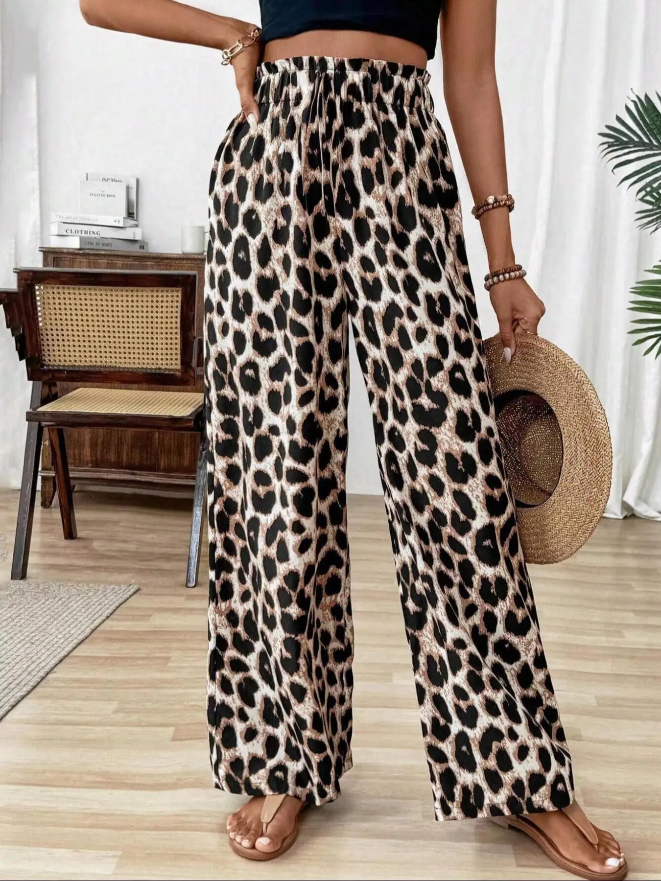 Women's Leopard Print Wide Leg Pants, Casual Comfy Elastic Waist Trousers for Daily Wear, Ladies Bottoms for All Seasons
