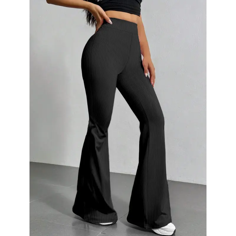 Women'S High Waist Casual Flare Leg Pants, Polyester Solid Color Slim Fit Stretchy Sports Yoga Pants, All-Season Versatile Women'S Clothing