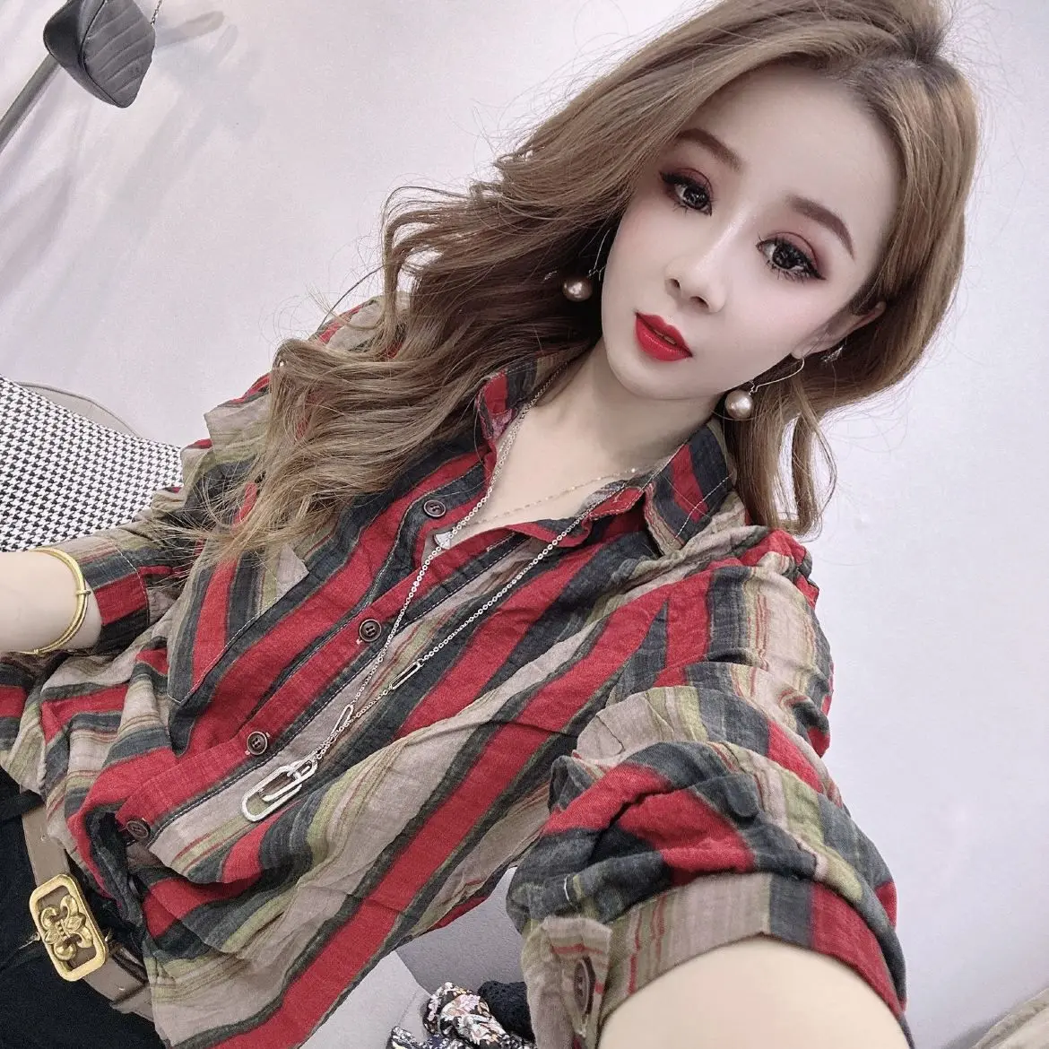Áo Sơ Mi Phong Cách Phương Tây, Áo Sơ Mi Nữ, Dáng Rộng Vừa Vặn, Ngoại Cỡ, Thiết Kế Sọc, Chất Liệu Vải Lanh Bông Thoải Mái, Áo Sơ Mi Dài Tay, Thích Hợp Cho Mùa Xuân Và Mùa Thu, Xu Hướng, Trạm Châu Âu, 2024