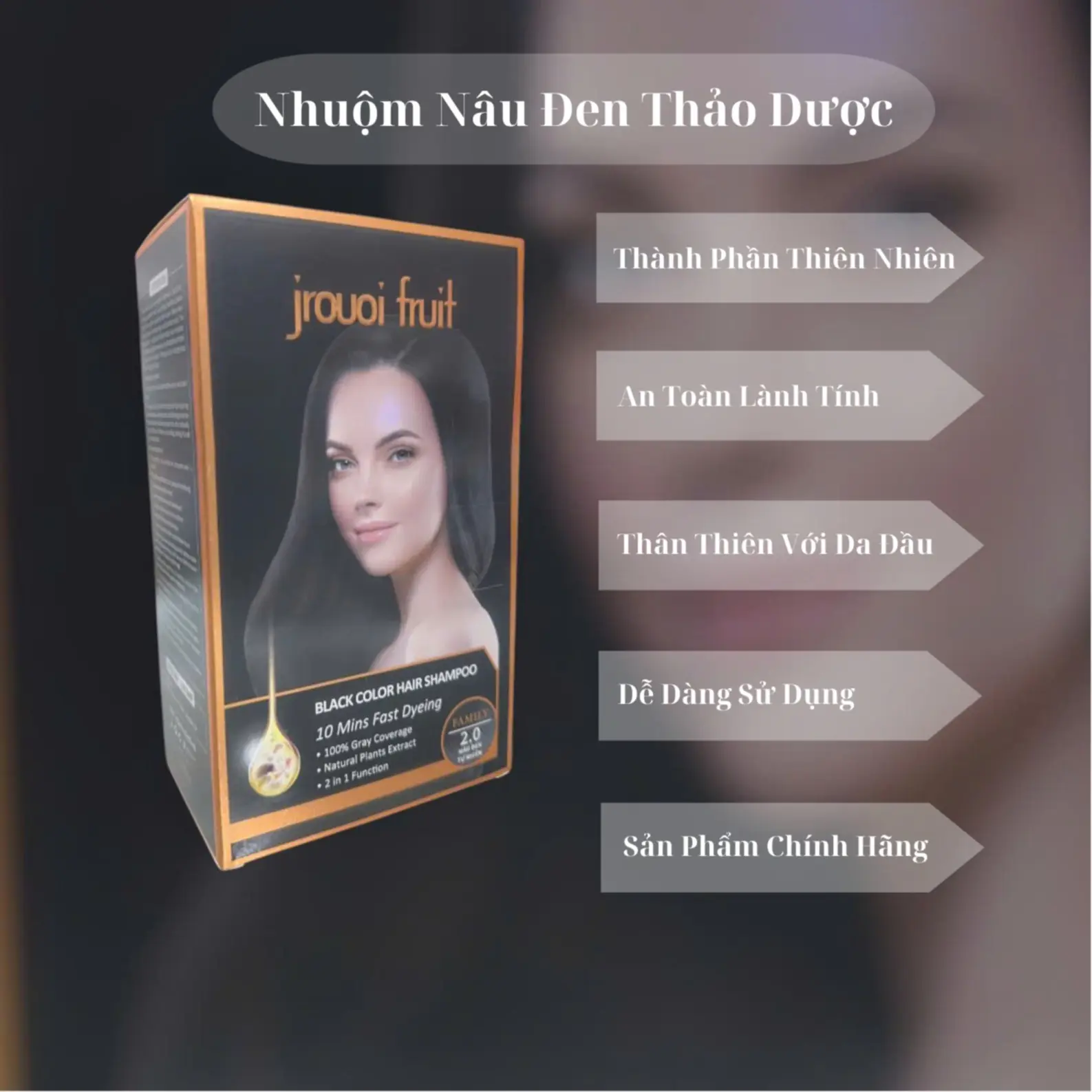 Dầu Gội Phủ Bạc Tóc Thảo Dược Jrouoi Fruit 1 gói 15ml. Bền màu, không dính vào da đầu, có dưỡng mềm tóc