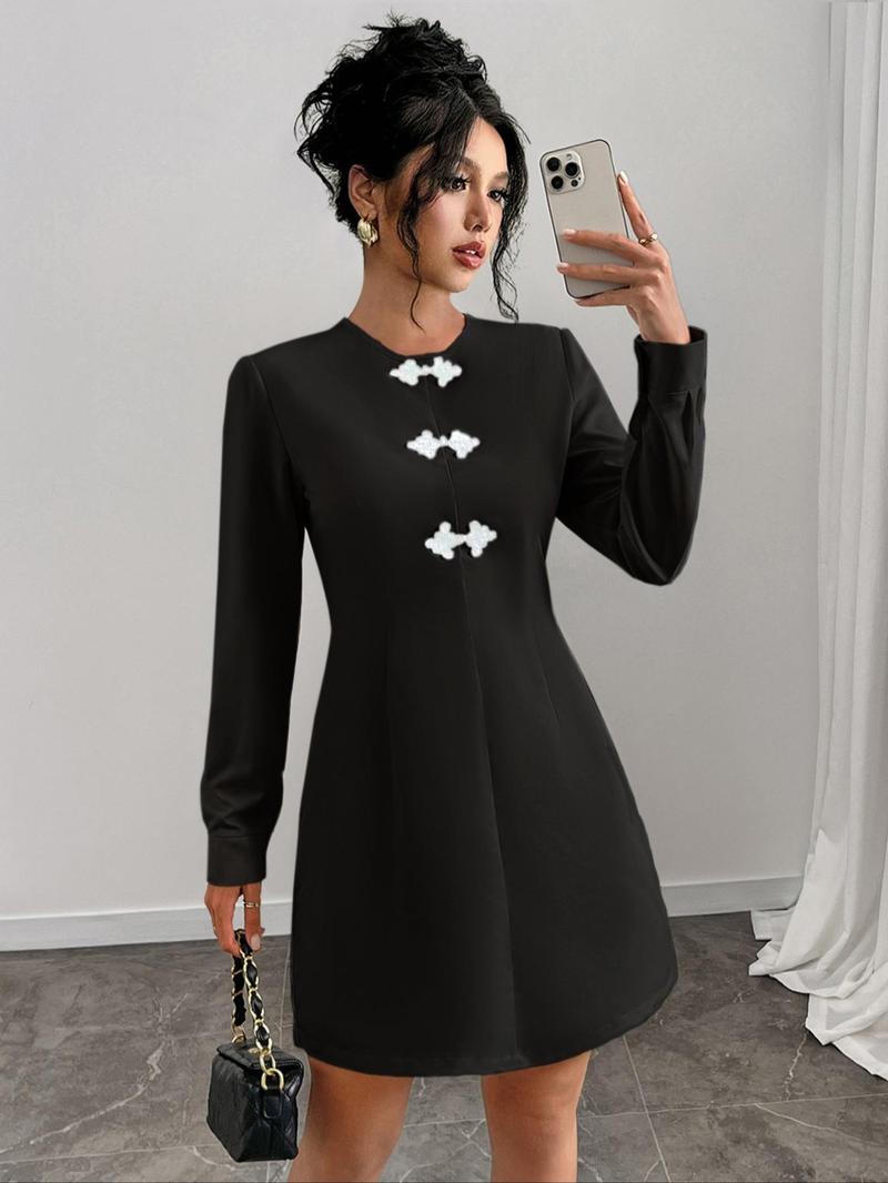 Product Introduction of Women's Round Neck A Line Dress, Casual Long Sleeve Short Dress for Spring & Fall, Women's Clothing for Daily Wear Valentine's Day, gift 5