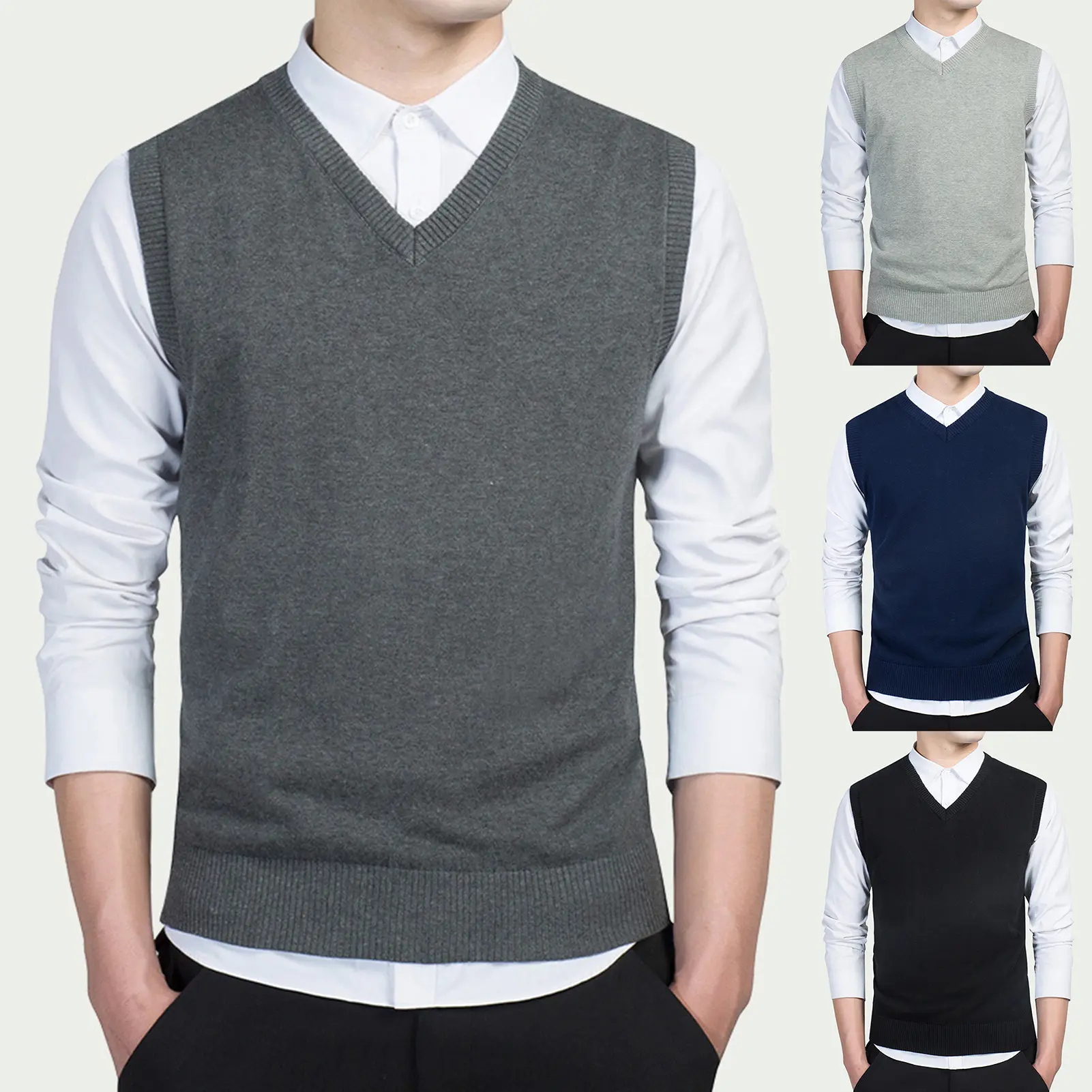 Áo Len Dệt Kim Cho Nam, Áo Vest Công Sở, Không Tay, Cổ Chữ V, Màu Trơn, Thu Đông