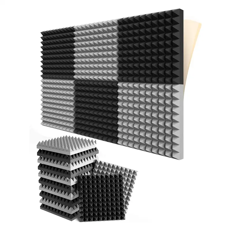 Tấm Xốp Cách Âm Tự Dính, 12 Gói, 2X12X12 Inch, Thiết Kế Kim Tự Tháp, Xốp Cách Âm, Cho Studio Gia Đình, Màu Đen + Xám