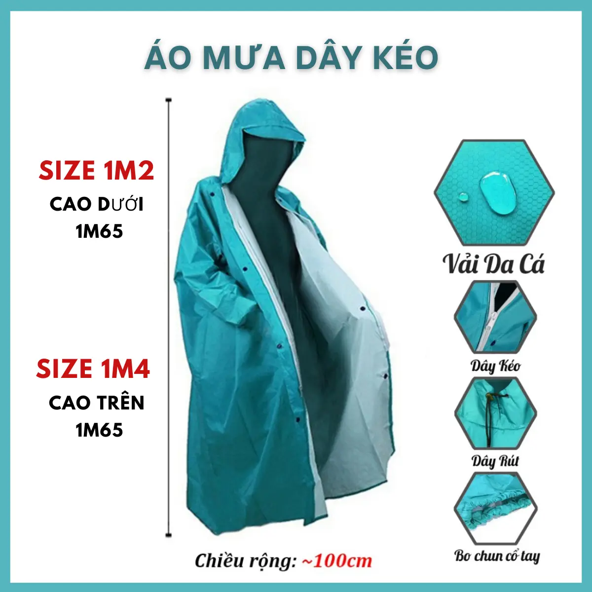 Áo Mưa Dây Kéo Vải Dù Da Cá Chống Thấm Tốt, Hàng Đặt Xưởng Việt Nam Gia Công Riêng Size 1m6 Tính Từ Đỉnh Đầu