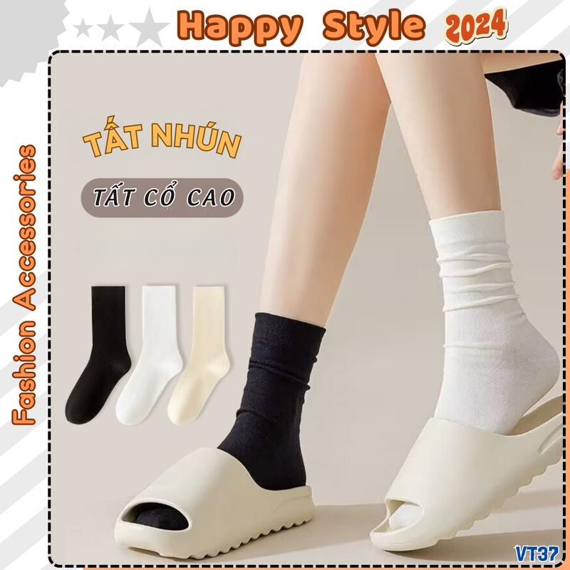  Tất Vớ Nhún Trơn Cổ Cao Tất Chân Basic Nam Nữ Chất Cotton Co Giãn Phong Cách Hàn Quốc VT37 
