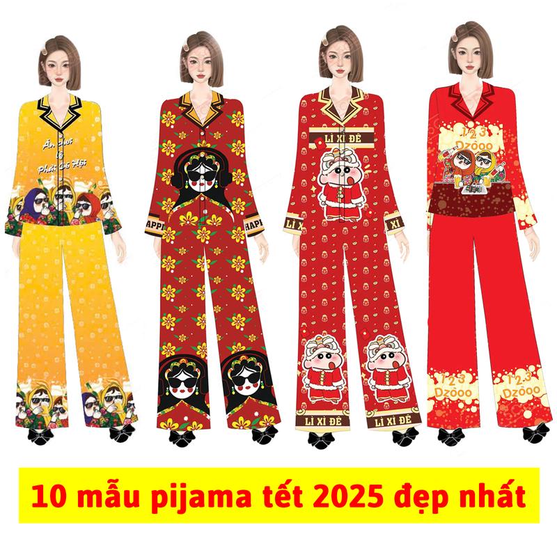 [40-70kg] Đồ bộ pijama tết 2025 ất tỵ mới nhất vải lụa ánh kim mềm mát 2