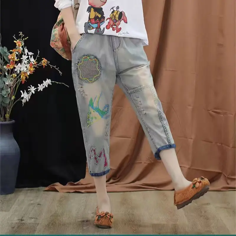 Quần Cropped Xén, Eo Co Giãn Denim, Dành Cho Phụ Nữ, Bộ Sưu Tập Mùa Hè Mới, Dáng Rộng Rãi Và Mỏng Vừa Vặn, Cạp Cao, Thiết Kế Vá, Khối Màu, Dễ Phối Đồ Phong Cách Harem Women Pants 3