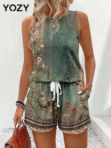 YOZY Two-Piece Set Women's Floral Print Tank Top & Shorts, Casual Sleeveless Top & Shorts for Daily Wear, Ladies Two-piece Set for All Seasons, Clothes