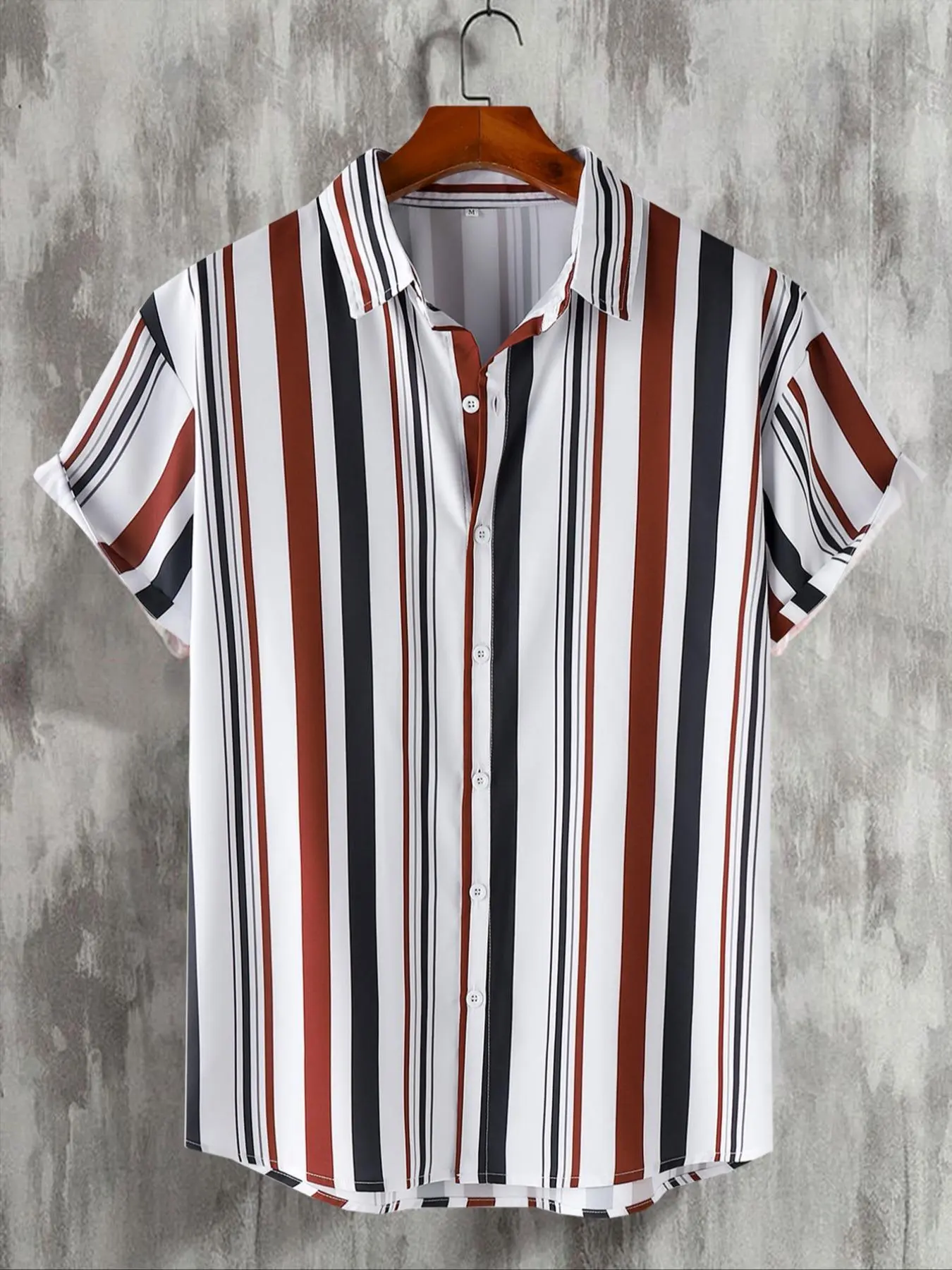 Men's Striped Print Button Front Shirt, Regular Fit Casual Short Sleeve Collared Top for Summer, Men's Clothes for Beach Vacation, Menswear
