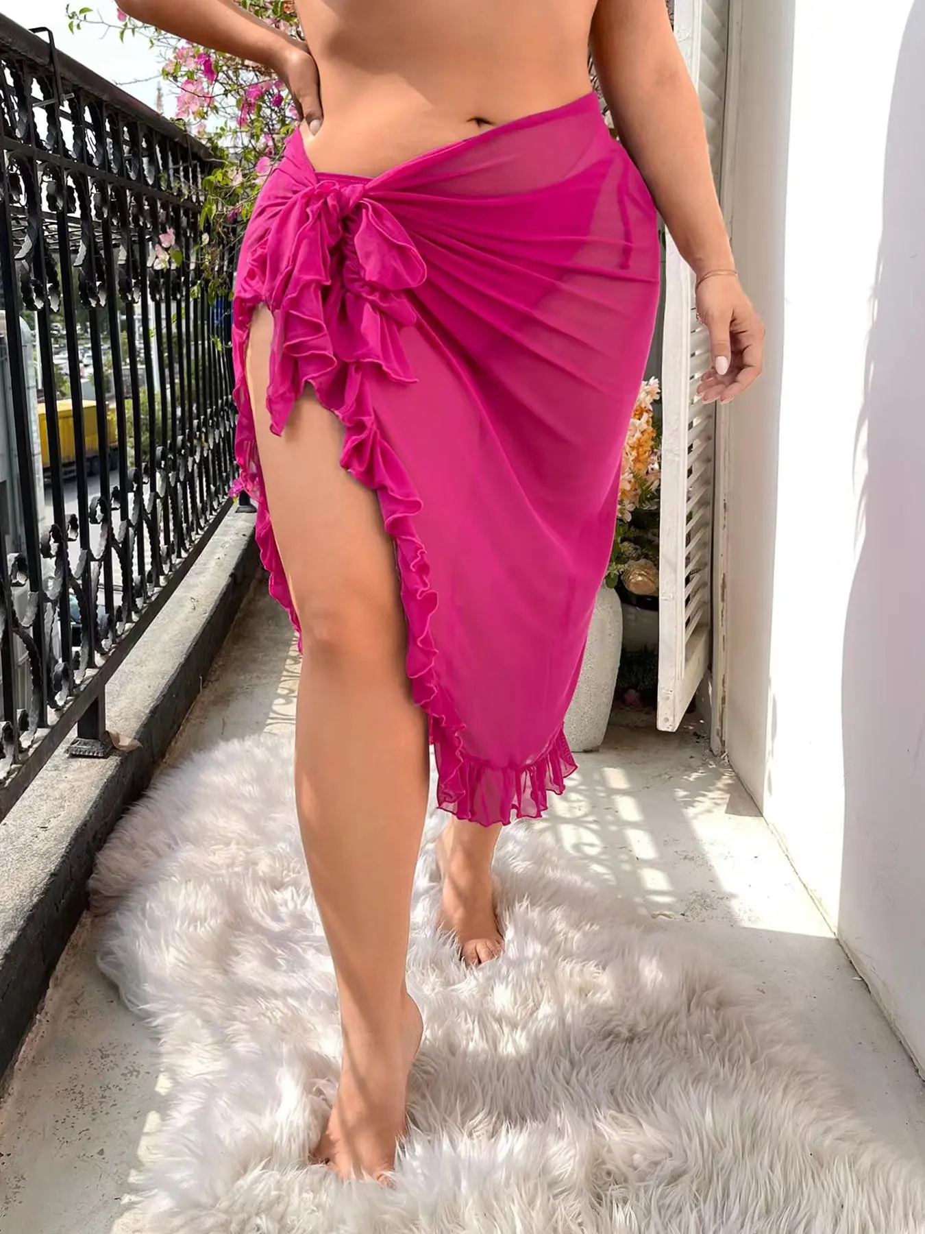 【Plus Size】 Solid Frill Chiffon Swim Skirt, Casual Knot Front Swimwear Bottoms for Summer, Women's Swimwear for Beach Holiday Vacation
