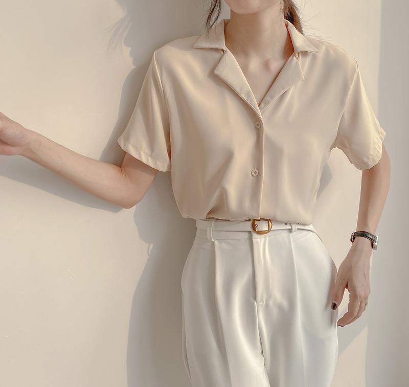 Product Introduction of Temperament Lapel Shirt Loose All-Match Short-Sleeved Shirt Summer Korean Short-Sleeved Plain Loose Shirt Top Women's Shirt Women's Shirt Basic Casual Fit 7