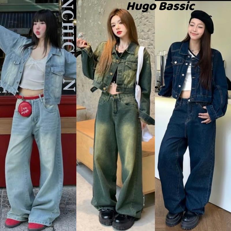 Set Áo Khoác Denim Ngắn, quần jean suông Hugo Bassic, chất liệu Jean mềm mịn Top Nữ Women Kem Pants