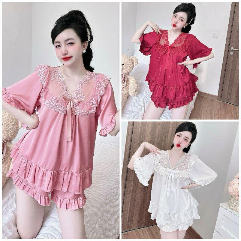 Đồ Ngủ Tiểu Thư Cổ Viền Ren Nơ Xinh Xắn - Mẫu Babydoll tay ngắn quần đùi Bigsize - Lụa Latin phối Ren Mát pijama macnha pajama victoria