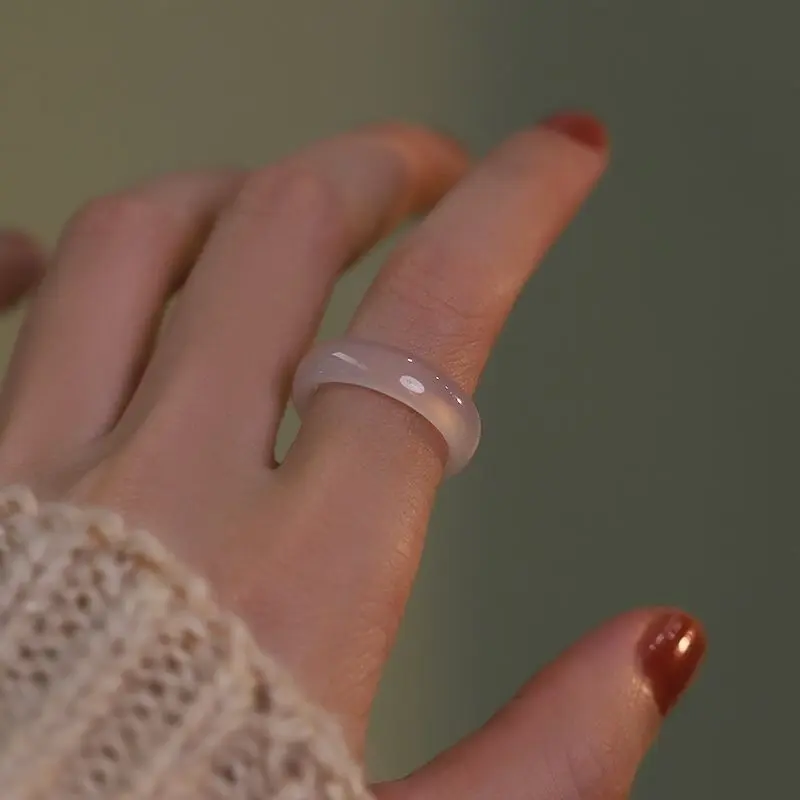 Nhẫn Mềm, Nhẫn Ngón Tay Ngọc Bích Chalcedony Mã Não Hồng Giống Băng Ánh Trăng Trắng Tự Nhiên, Nhẫn Đĩa Cặp Đôi, Phong Cách Đơn Giản, Thích Hợp Cho Các Cặp Đôi 0