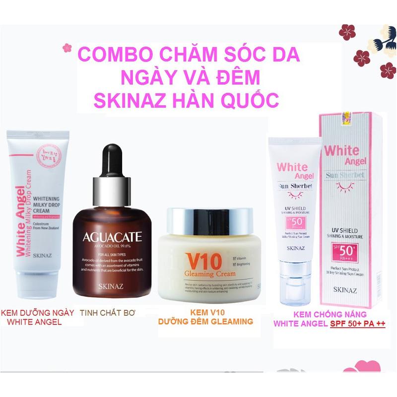 Bộ 4 Sản Phẩm Dưỡng Da Skinaz Hàn Quốc (Tinh Chất Bơ, Kem V10, Kem White Angel, Kem Chống Nắng Skinaz) Skincare