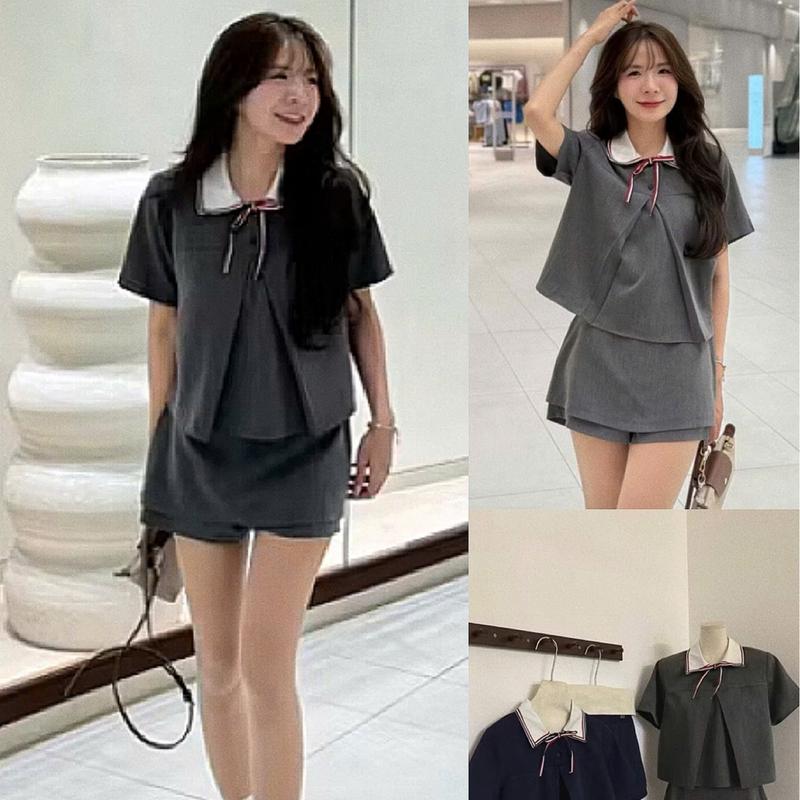 Set đồ nữ đi chơi S.227, Set áo cộc tay cổ đức phối nơ kẻ xẻ vạt kèm quần váy thanh lịch - Shop Chấm Bi