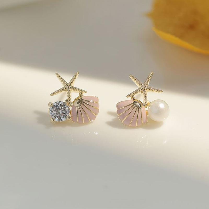 Hoa tai ngọc trai vỏ sao biển bạc S925 mùa hè đơn giản cho nữ thiết kế hoa tai ngọt ngào