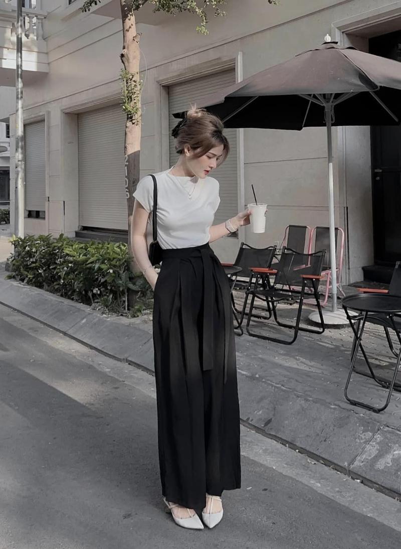 Product Introduction of Set bộ thiết kế xám đen trắng áo tăm lạnh tay rơi quần ống rộng thăt nơ đồ bộ nữ xuân hè Top Kem Women 7