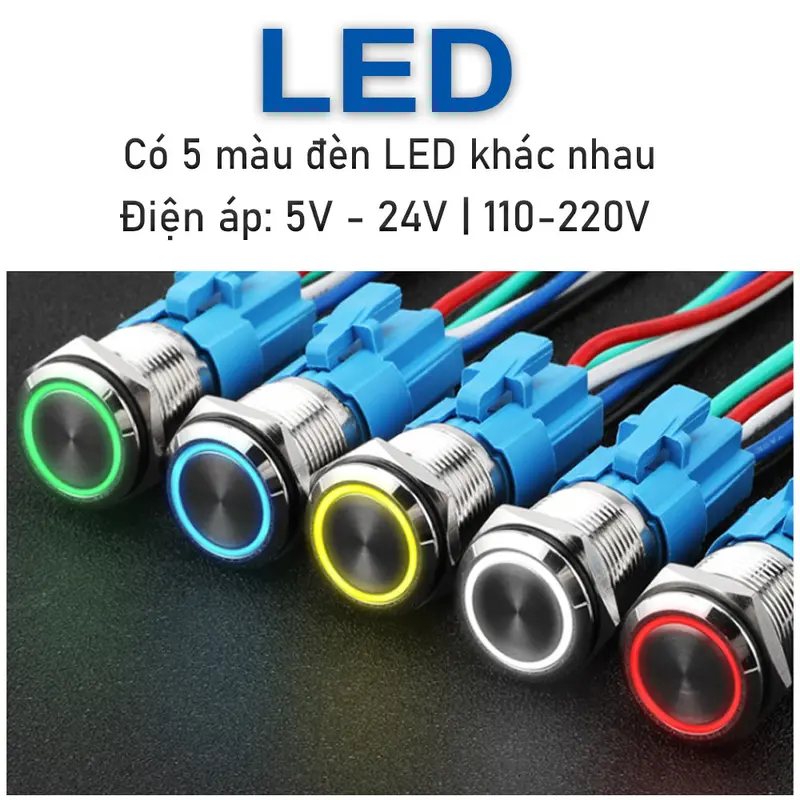 Nút Kim loại nhấn Tự nhả 22mm, Ấn Tự phục hồi có LED 3V-6V, 12-24V, 110-220V 2
