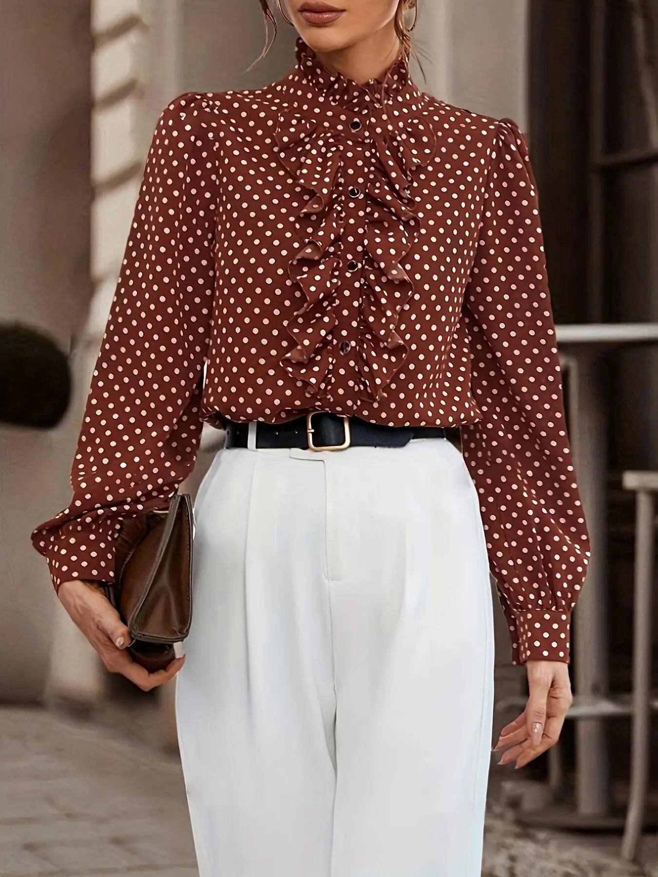 Women's Polka Dot Print Blouse, Elegant Fashion Long Sleeve Top for Daily Outdoor Wear, Women Clothing for Spring & Fall