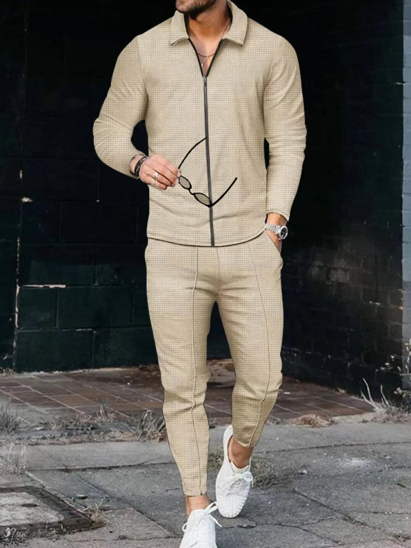 Men's Solid Zip Up Jacket & Pocket Pants Two-piece Set, Regular Fit Casual Long Sleeve Collared Outerwear & Trousers for Spring & Fall, Men's Two-piece Outfits for Daily Wear