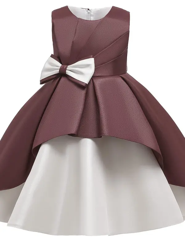 Girl's Solid Bow Front Plicated A Line Dress, Elegant Bow Back Sleeveless Round Neck Tulle Dress For Wedding Party, Kids Partywear For All Seasons 3