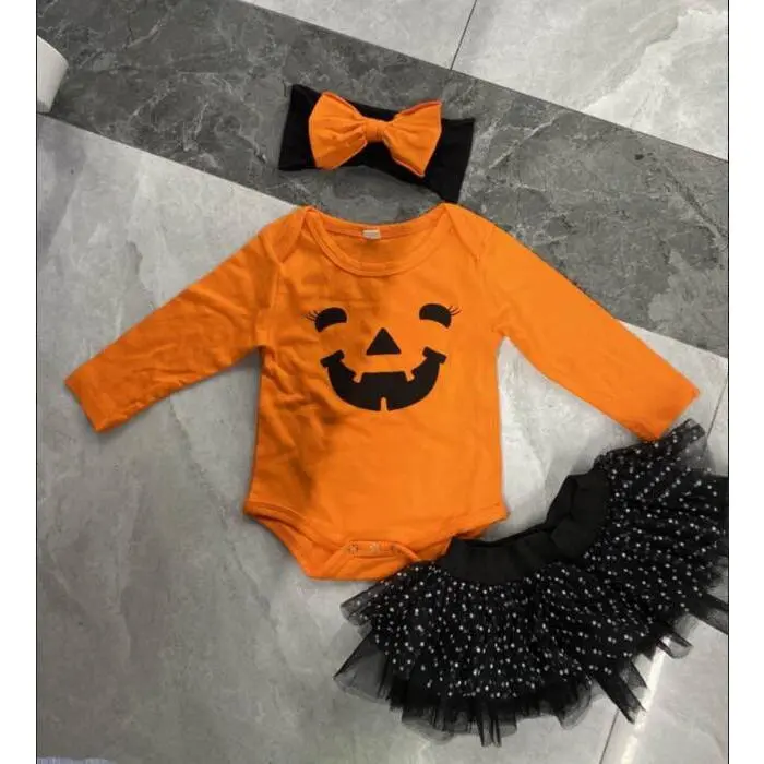 Trang Phục Halloween Cho Em Bé Bộ 3 Món, Áo Liền Quần Bí Ngô, Váy Tutu, Băng Đô 7