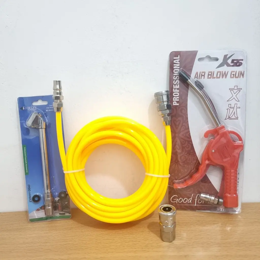 Paket 4 in 1 Selang Kompresor Recoil Gulungan 5Meter + Tire Chuck + Air Duster Plastik K55 + SF20 Coupler