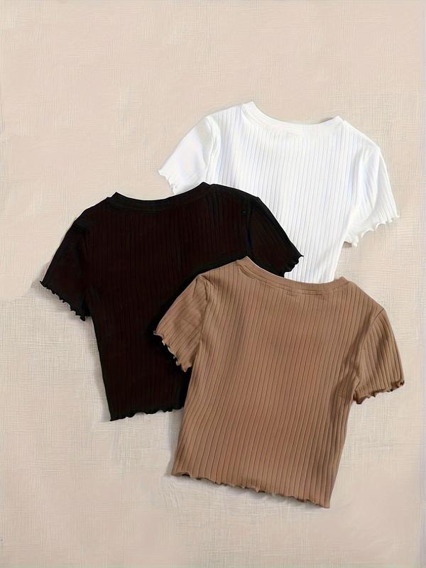 Women's Solid Lettuce Trim Round Neck Ribbed Tee, Casual Short Sleeve Crew Neck T-shirt for Summer, Fashion Women's Top for Daily Wear 4