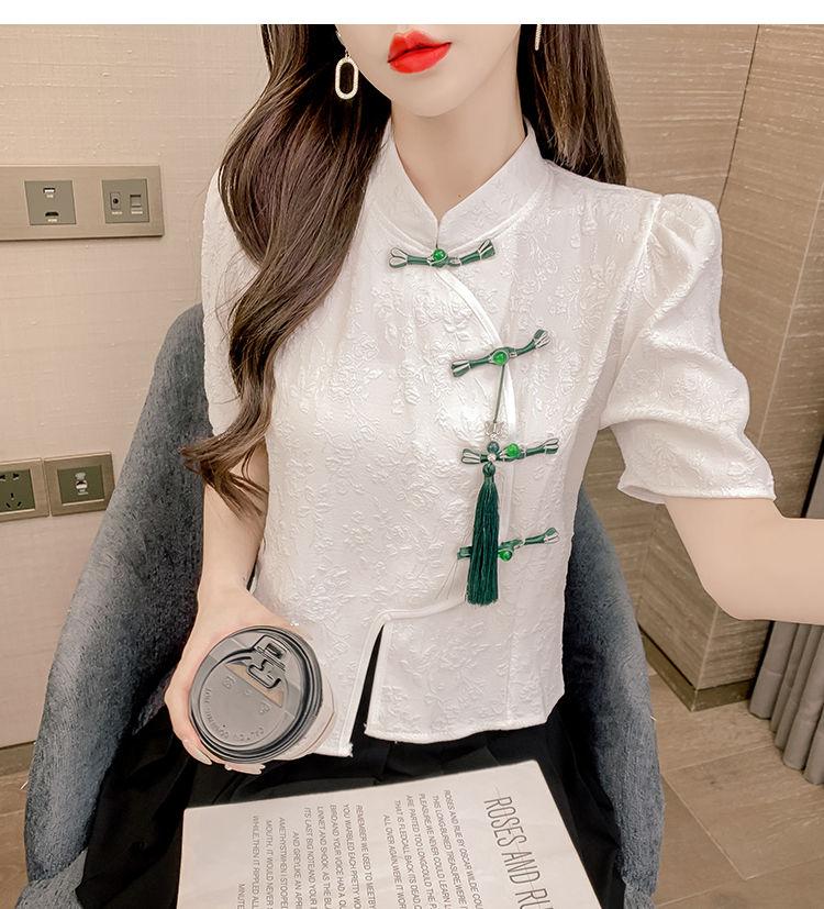 Product Introduction of Áo Sơ Mi Phong Cách Trung Quốc Hàng Mới Về, ngắn Tay Nữ, Bộ Sưu Tập Mùa Hè 2023, Thiết Kế Đẹp, Tay Phồng Độc Đáo Áo Có Nút Thắt Nút Trung Quốc Bất Đối Xứng 12