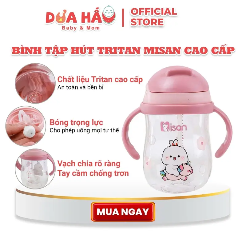 Bình Tập Hút Tritan Cao Cấp Misan, Chống Sặc, Chia Vạch, Ống Hút Mềm Tiện Lợi Cho Bé Shop Dua Hau Baby & Mom 0
