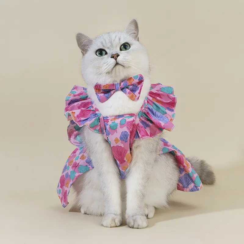 Pet Dress Floral Printing Fly Sleeves Cat Cotton Dress Summer Outdoor Travel Princess Style Dog Skirt with Lace Hem Small Pets